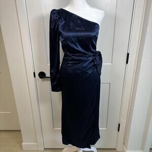 Reformation Justine One Shoulder 100% Silk Dress Navy Blue Size 0 Wedding Guest